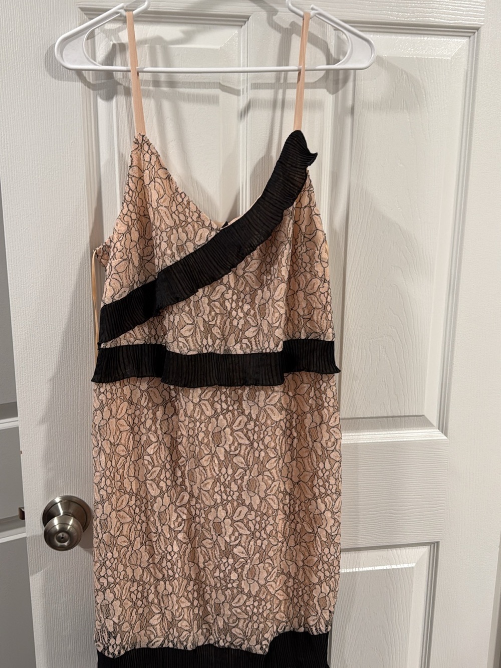 Women's Beige Lace Slip Dress with Black Trim
